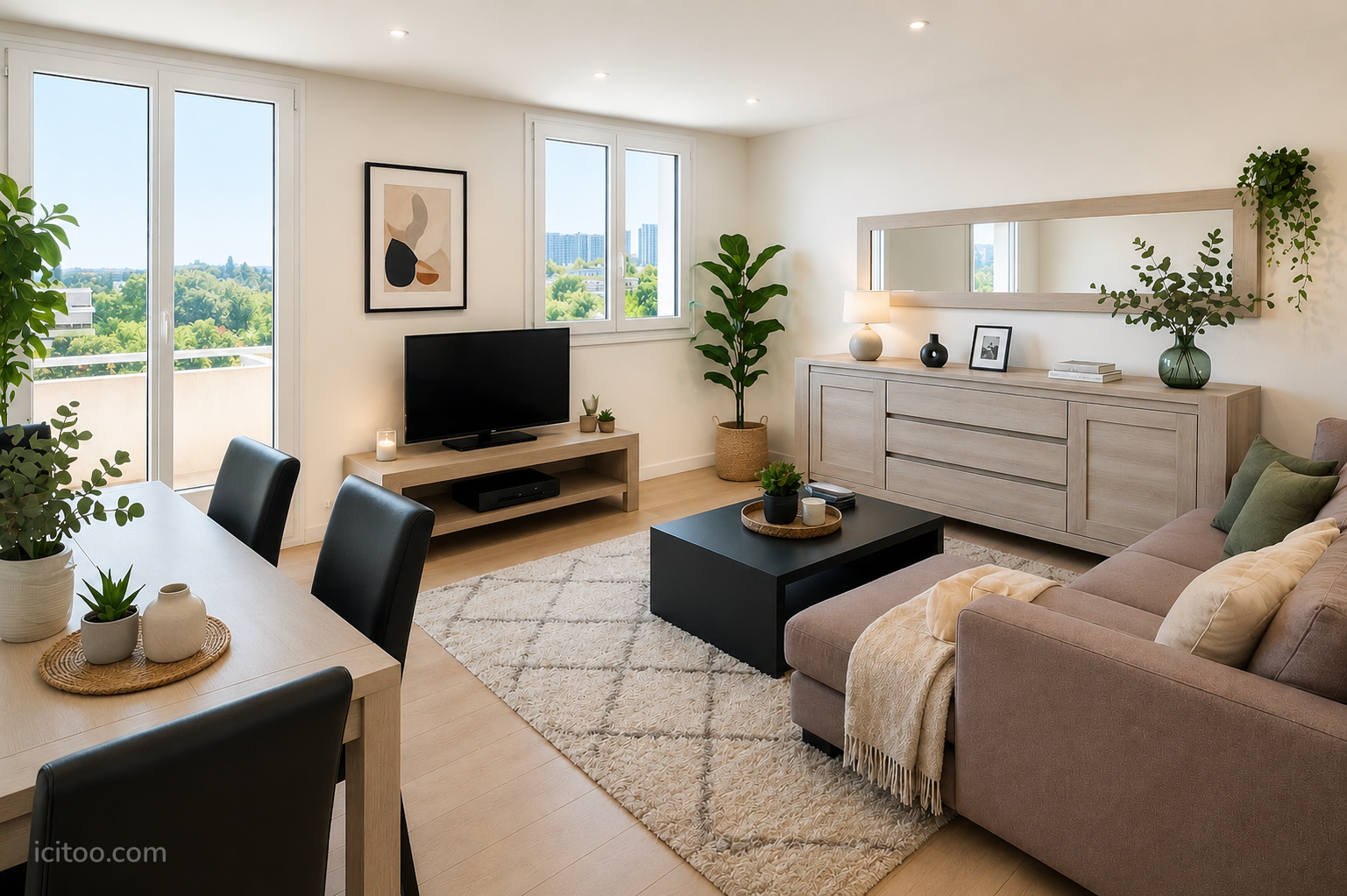Salon lumineux et traversant avec mobilier moderne et vue dégagée sur les arbres, appartement à vendre à Caluire-et-Cuire.