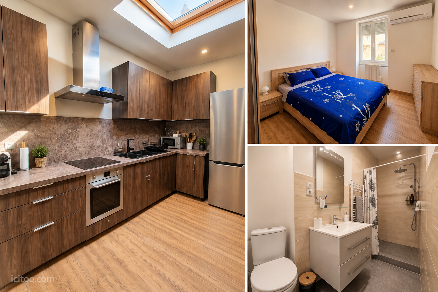 Cuisine moderne, chambre confortable et salle de bain, maison rénovée à vendre à Nîmes.