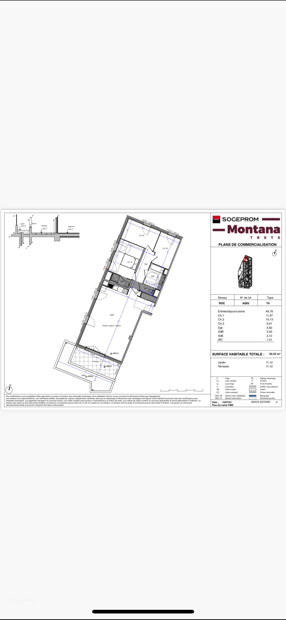 Plan de l'appartement T4 à vendre à Trets, 92.52 m², avec indication des pièces et surfaces.