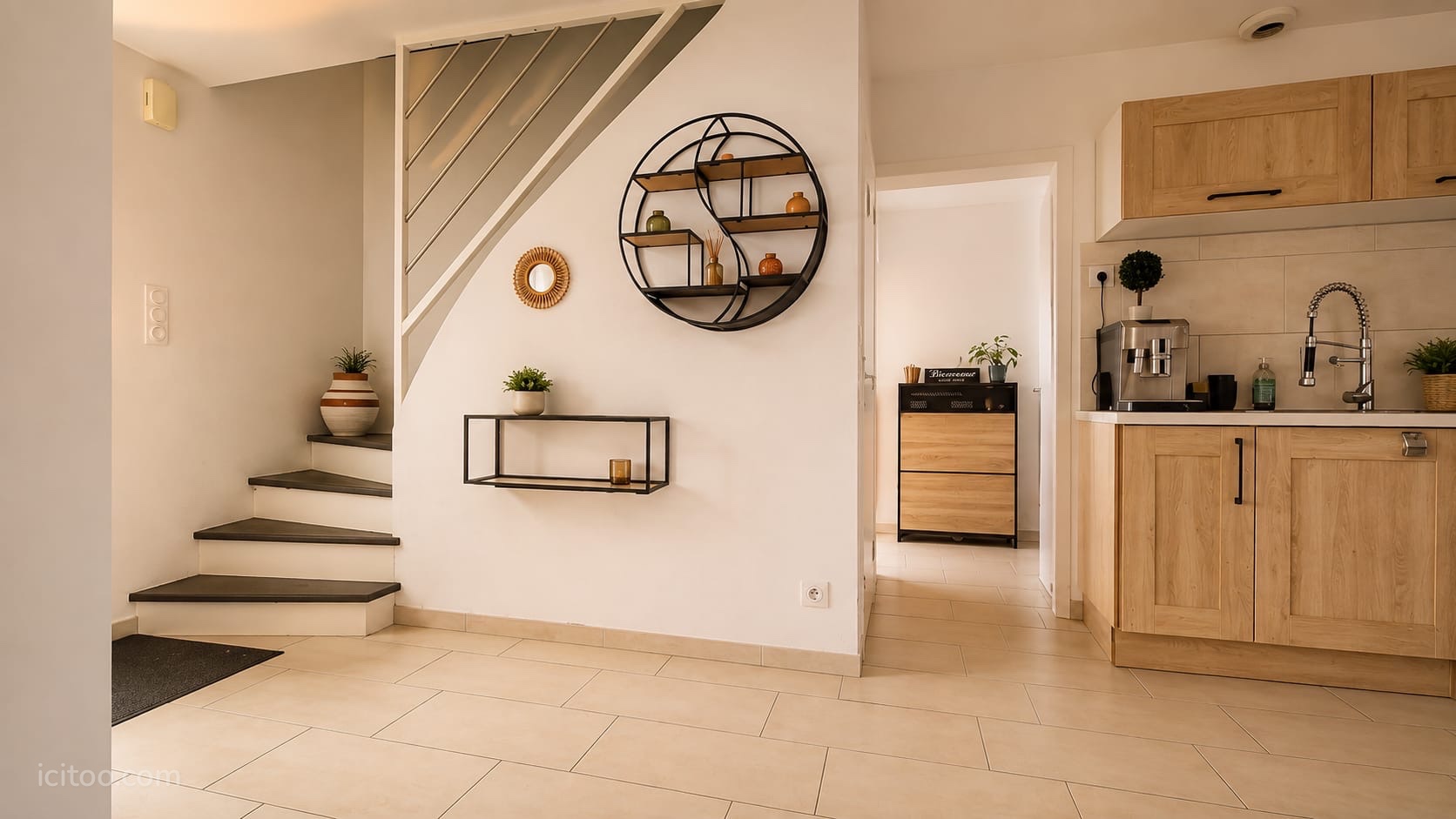 Entrée avec escalier et cuisine aménagée dans une maison familiale à vendre à La Noë-Blanche.