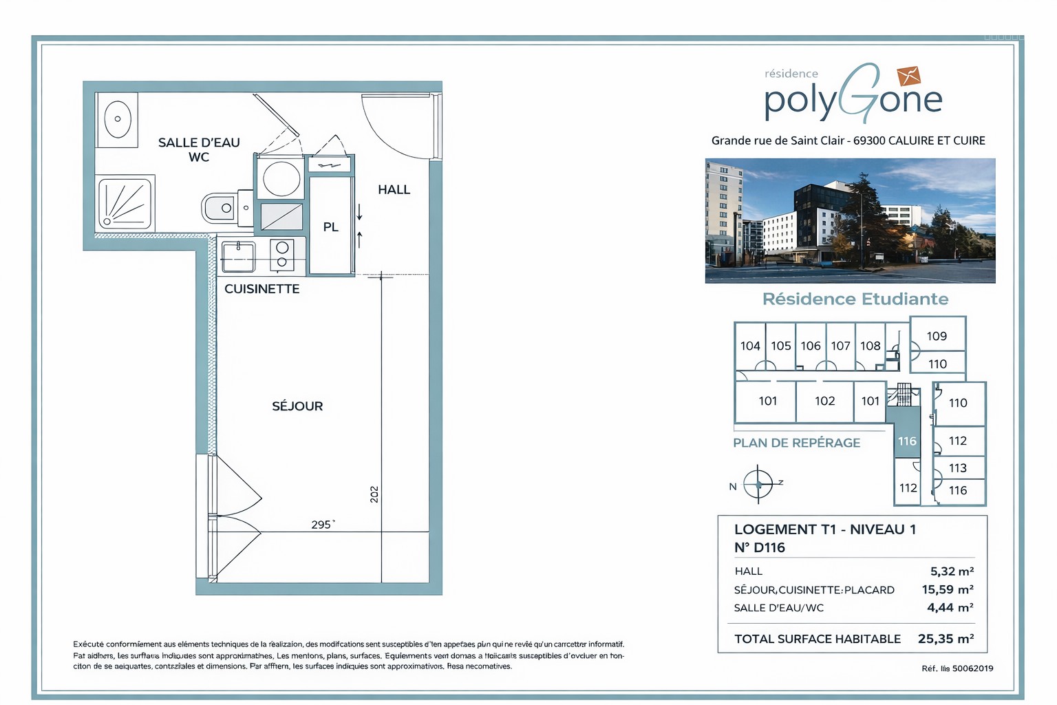 Studio 25,69 m2 Caluire-et-Cuire Saint-Clair résidence récente — photo 3