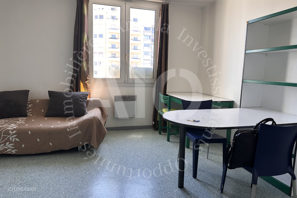 Pièce de vie meublée avec canapé, tables et chaises dans un appartement à vendre à Lyon.