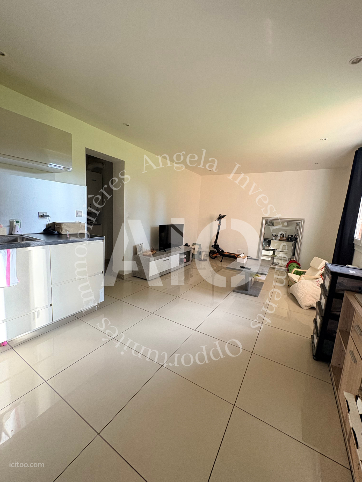 Vue d'un salon lumineux avec cuisine ouverte et carrelage au sol dans un appartement à vendre à Villeurbanne.