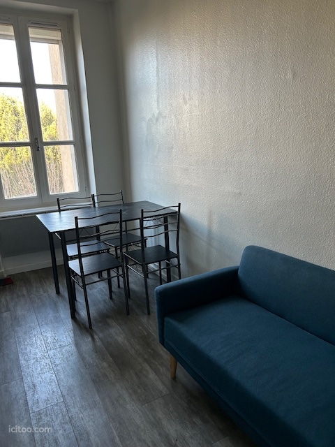 Espace salon avec canapé bleu et table à manger avec chaises, appartement à vendre à Villeurbanne.
